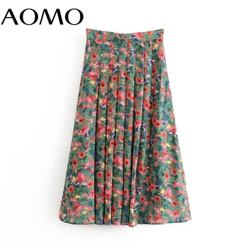 AOMO módne ženy francúzsky štýl kvetinový midi sukne faldas mujer vintage zips office dámske elegantné, elegantné polovici teľa sukne 1T10A