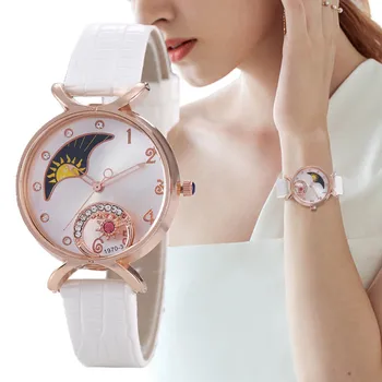 Elegantné Mesiac s diamanty, Hodinky Ženy Módne Luxusné náramkové hodinky Quartz Bežné Ženské Kožené Hodinky Tvorivé Montre Femme